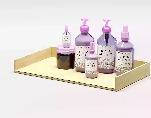 bottle set products on wooden tray