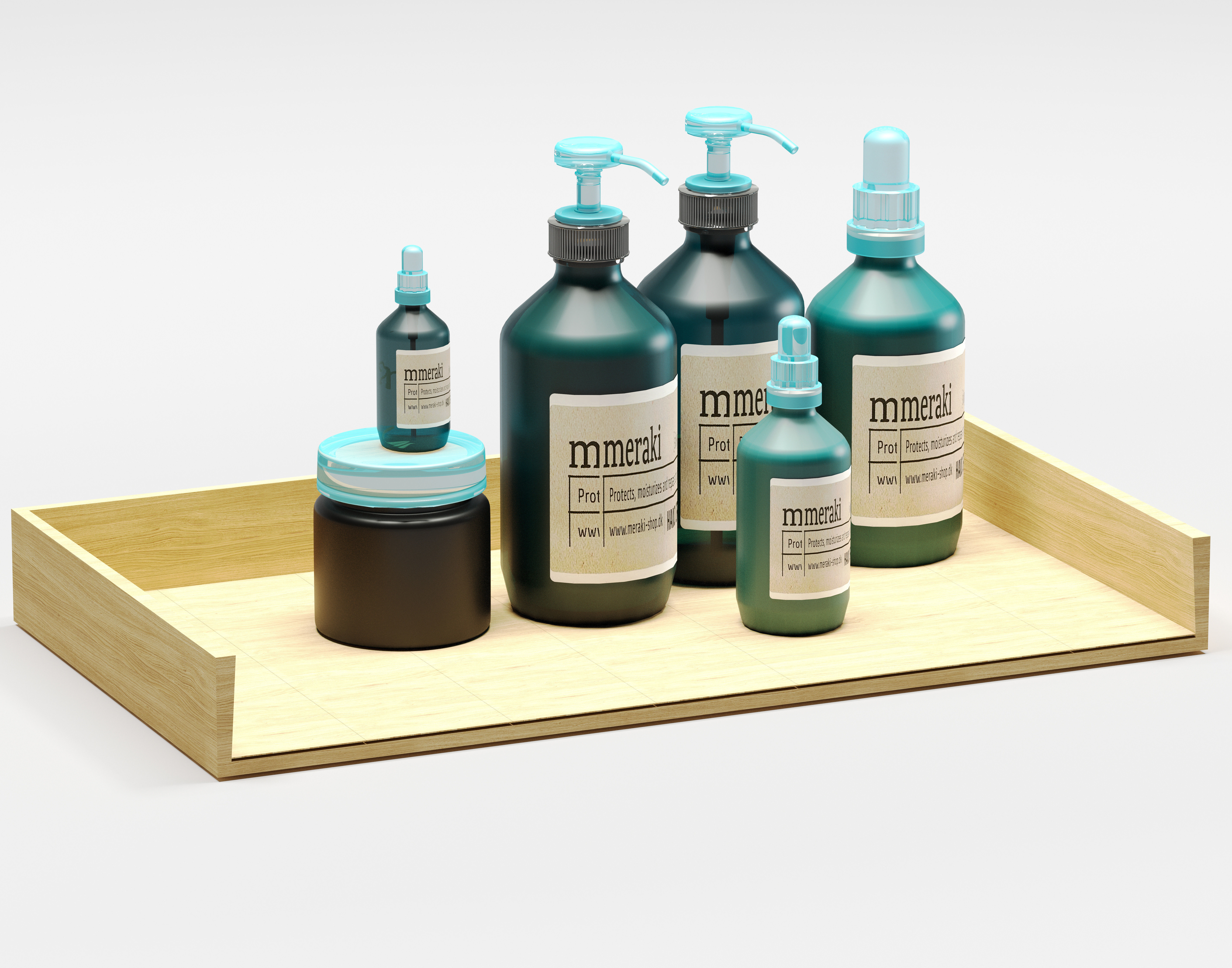 bottle set products on wooden tray 3D model_3