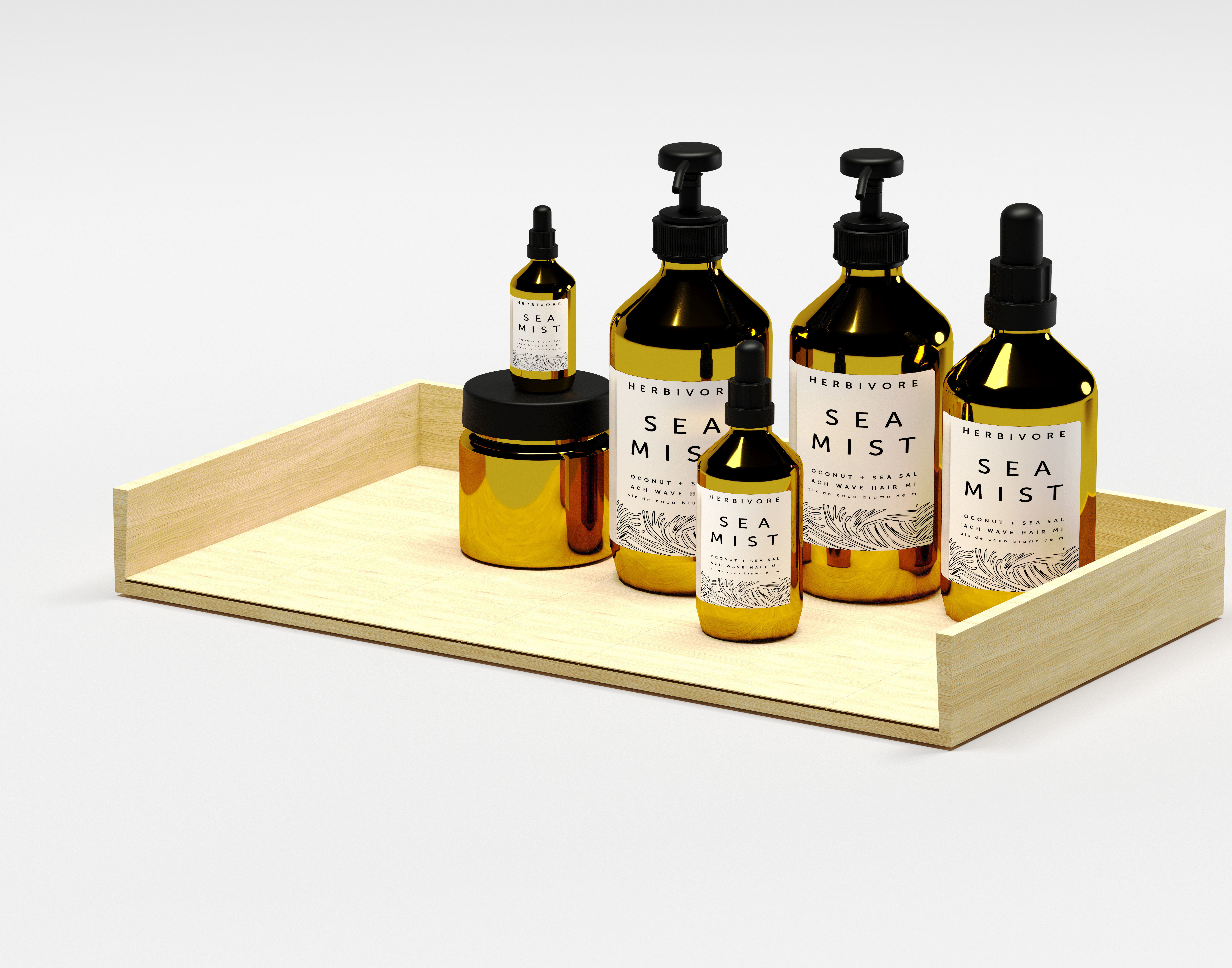 bottle set products on wooden tray 3D model_2