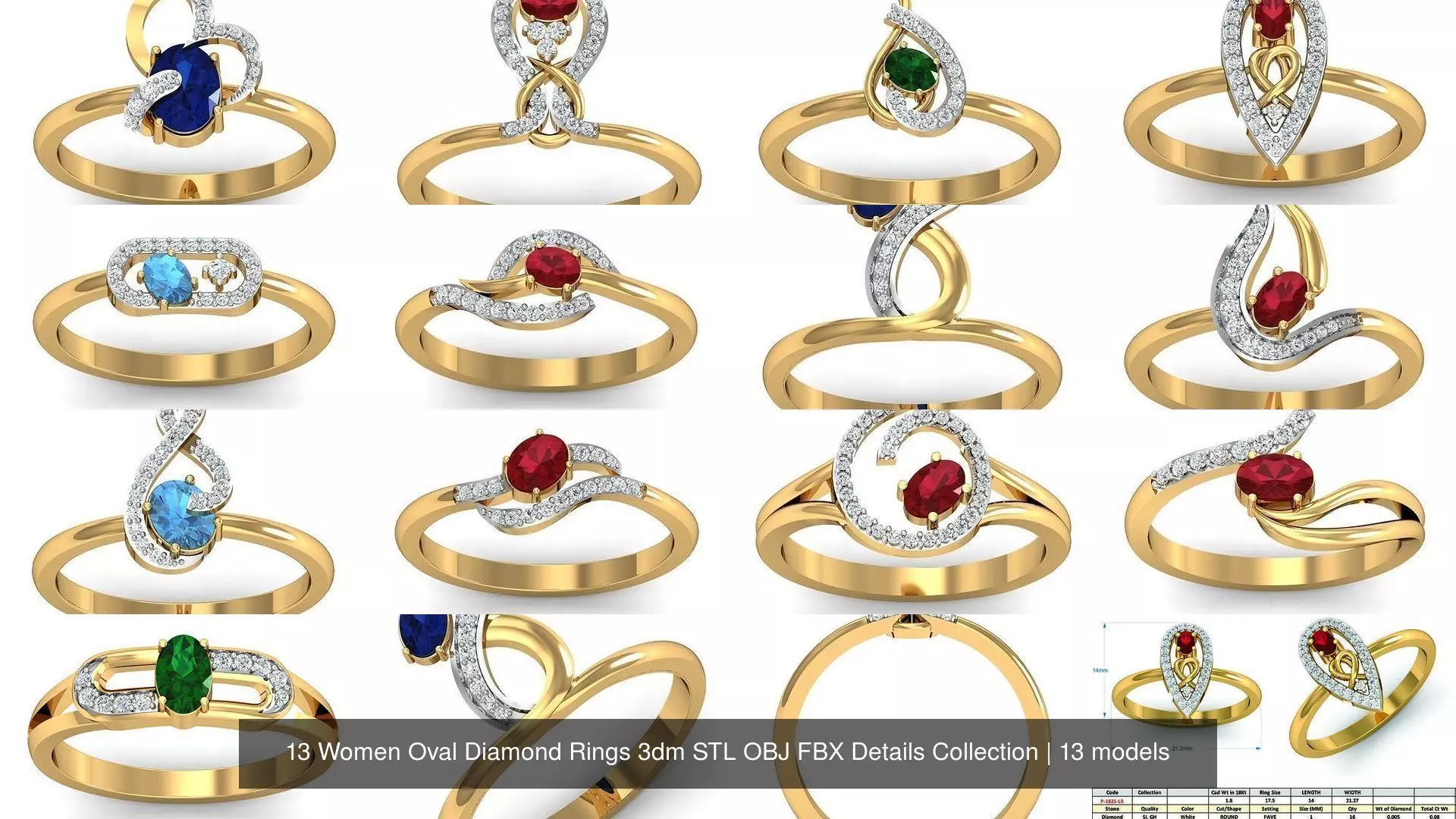 13 Women Oval Diamond Rings 3dm STL OBJ FBX Details Collection _0