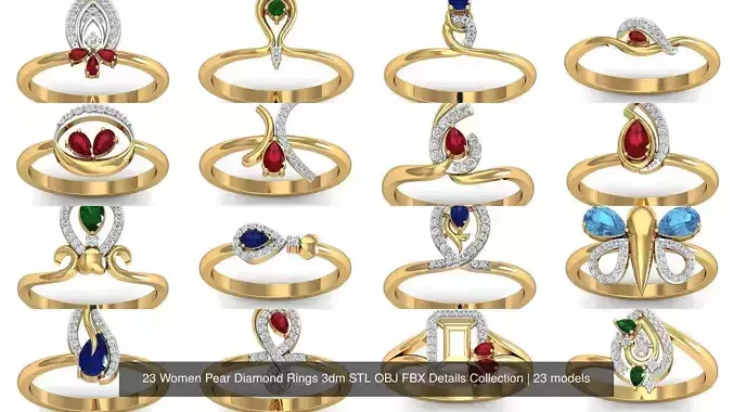 23 Women Pear Diamond Rings 3dm STL OBJ FBX Details Collection 