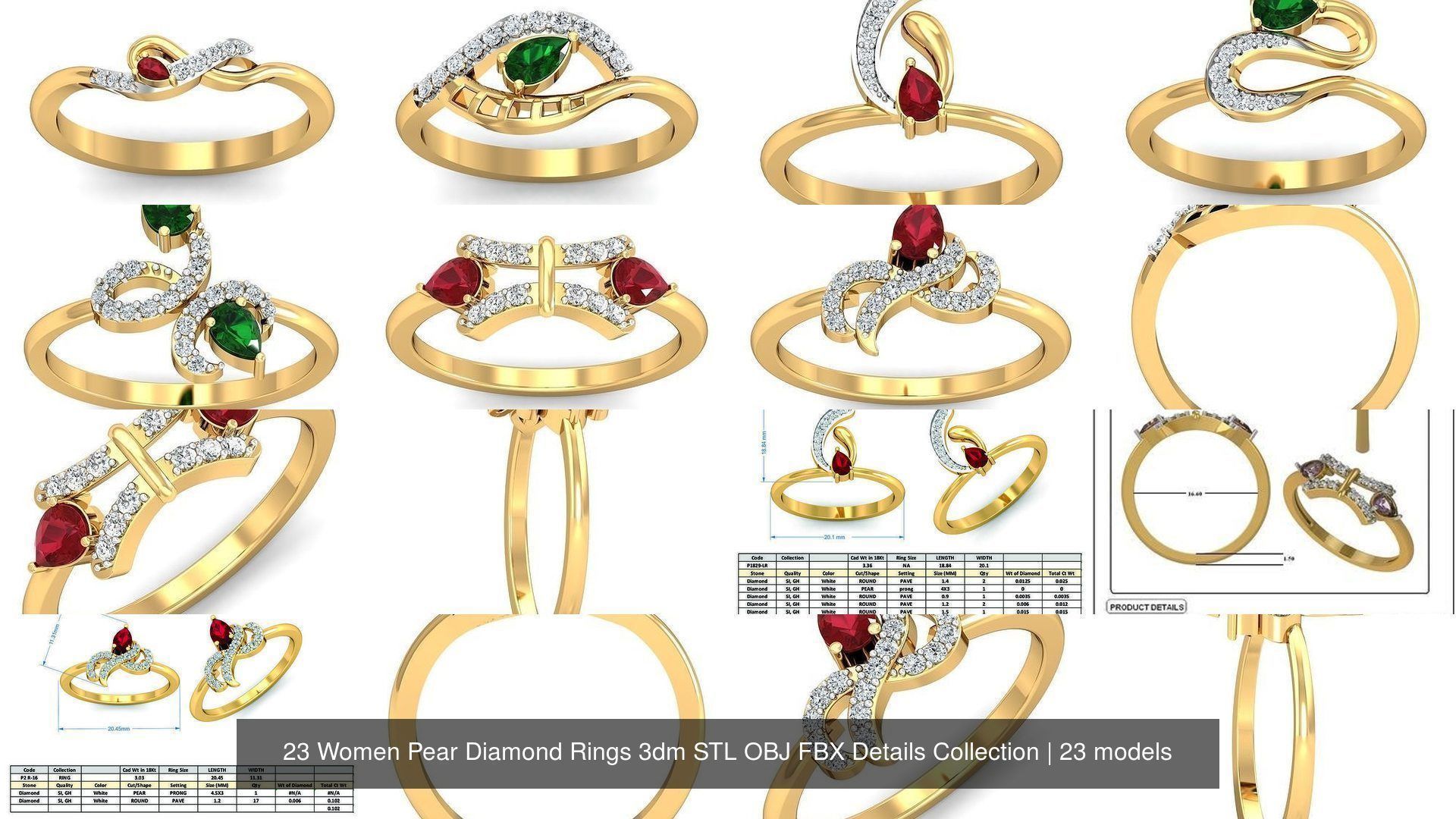23 Women Pear Diamond Rings 3dm STL OBJ FBX Details Collection _3