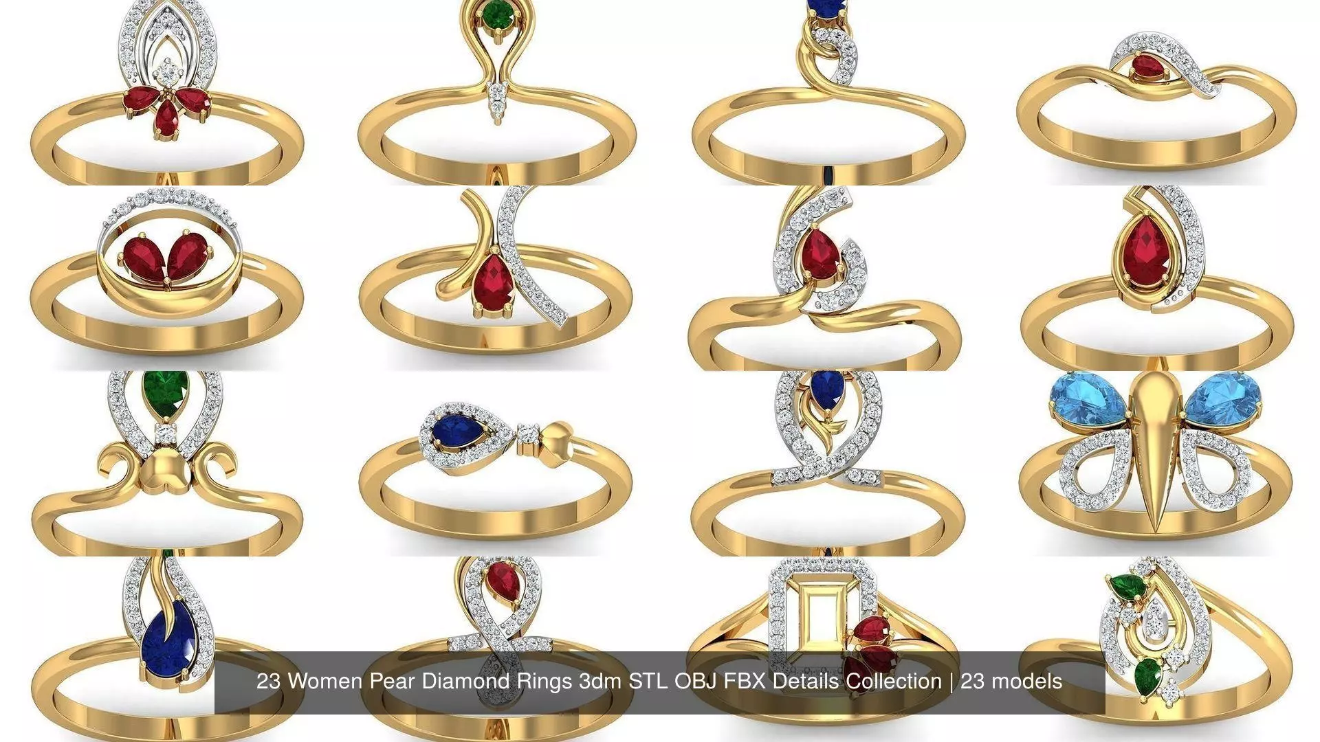 23 Women Pear Diamond Rings 3dm STL OBJ FBX Details Collection _1