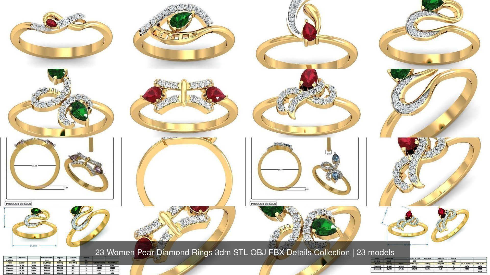 23 Women Pear Diamond Rings 3dm STL OBJ FBX Details Collection _2