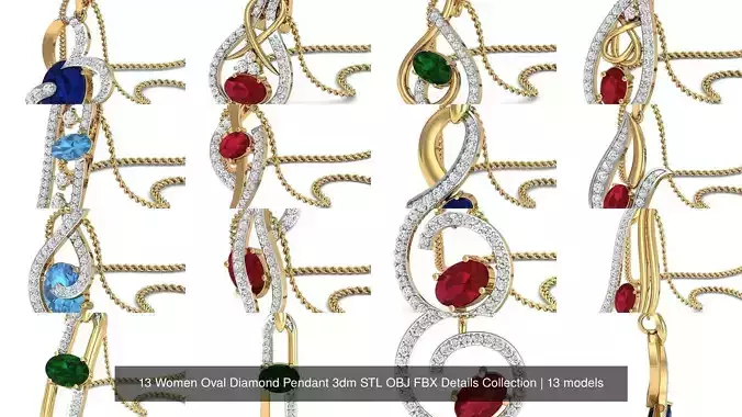 13 Women Oval Diamond Pendant 3dm STL OBJ FBX Details Collection 