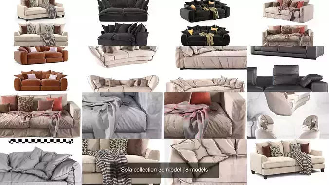 Sofa collection 3d model with pillows and blankets 