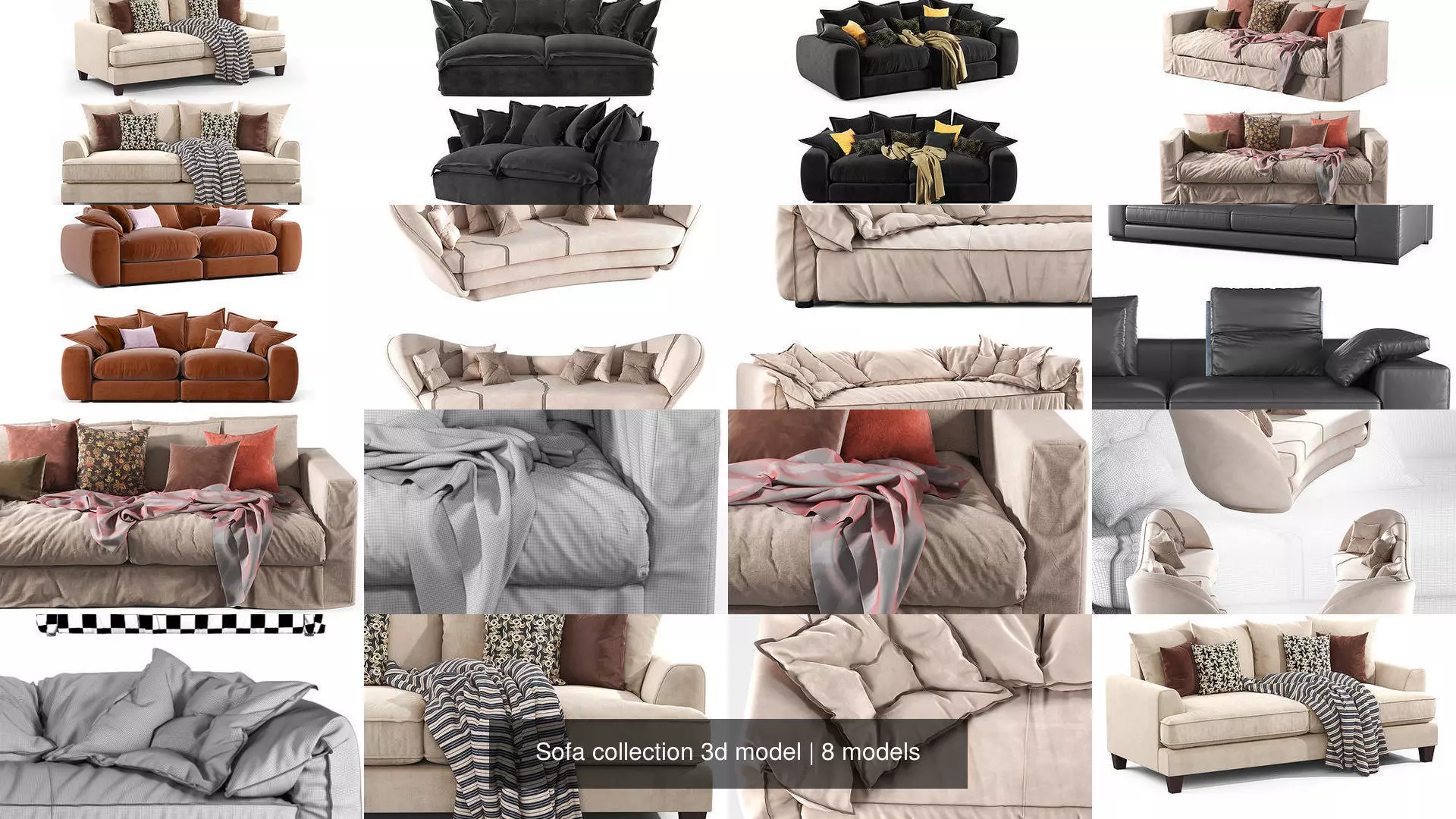 Sofa collection 3d model with pillows and blankets _0