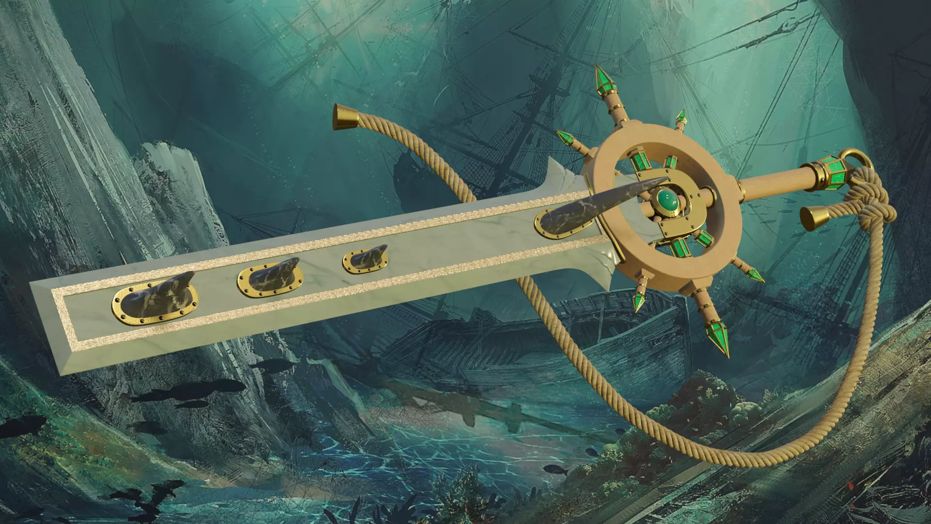 Sea Devil two-handed sword with a nautical style PBR game ready 3D model_0