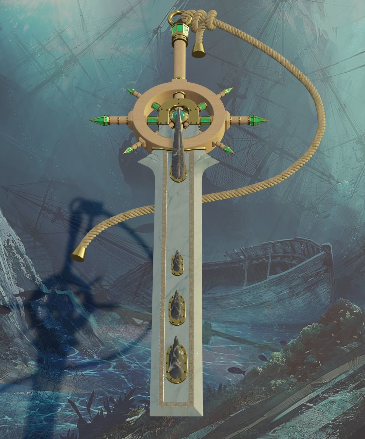 Sea Devil two-handed sword with a nautical style PBR game ready 3D model_3