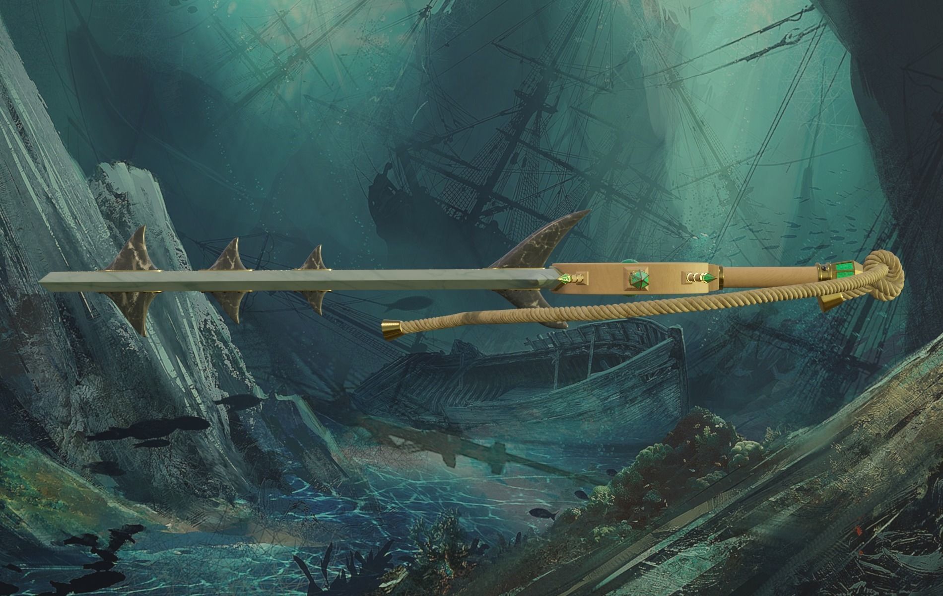 Sea Devil two-handed sword with a nautical style PBR game ready 3D model_2