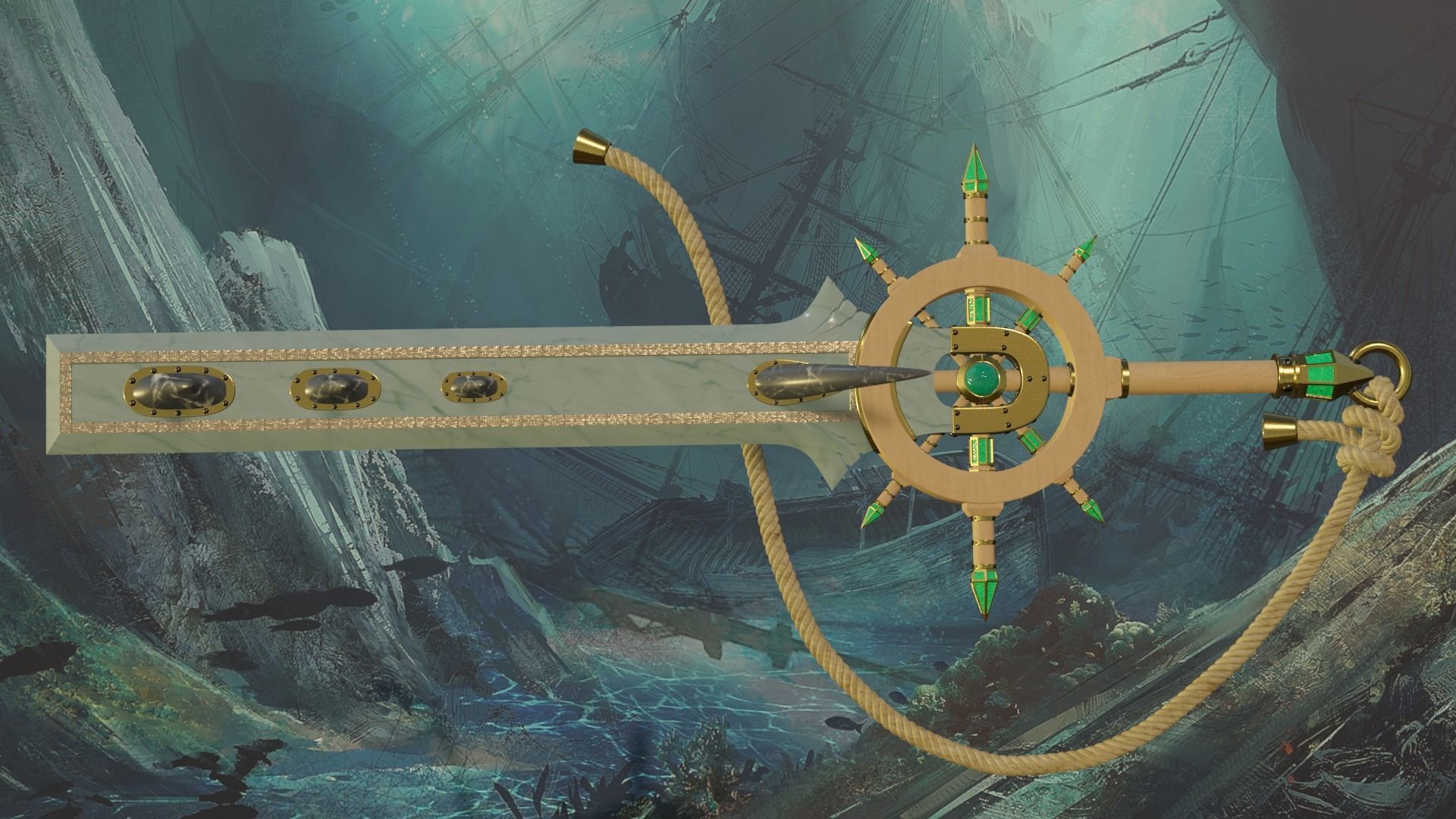 Sea Devil two-handed sword with a nautical style PBR game ready 3D model_1