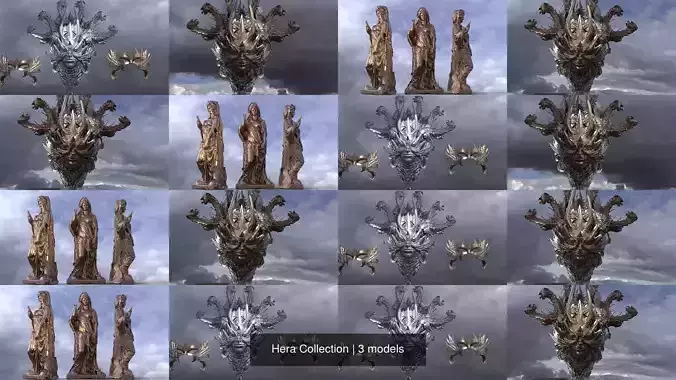 Hera Collection ornate metal sculpture with cloudy sky 