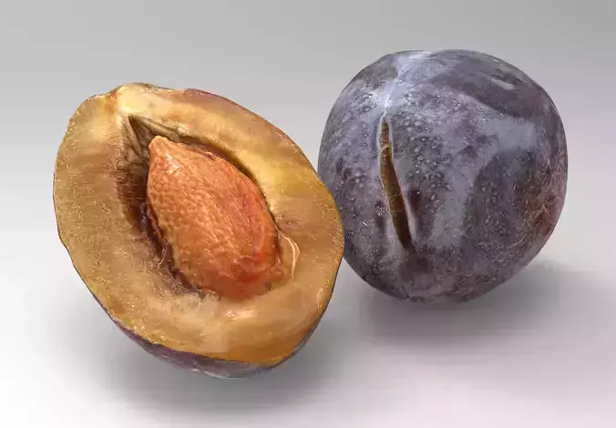 A plum and half a pitted plum Low-poly 3D model 3