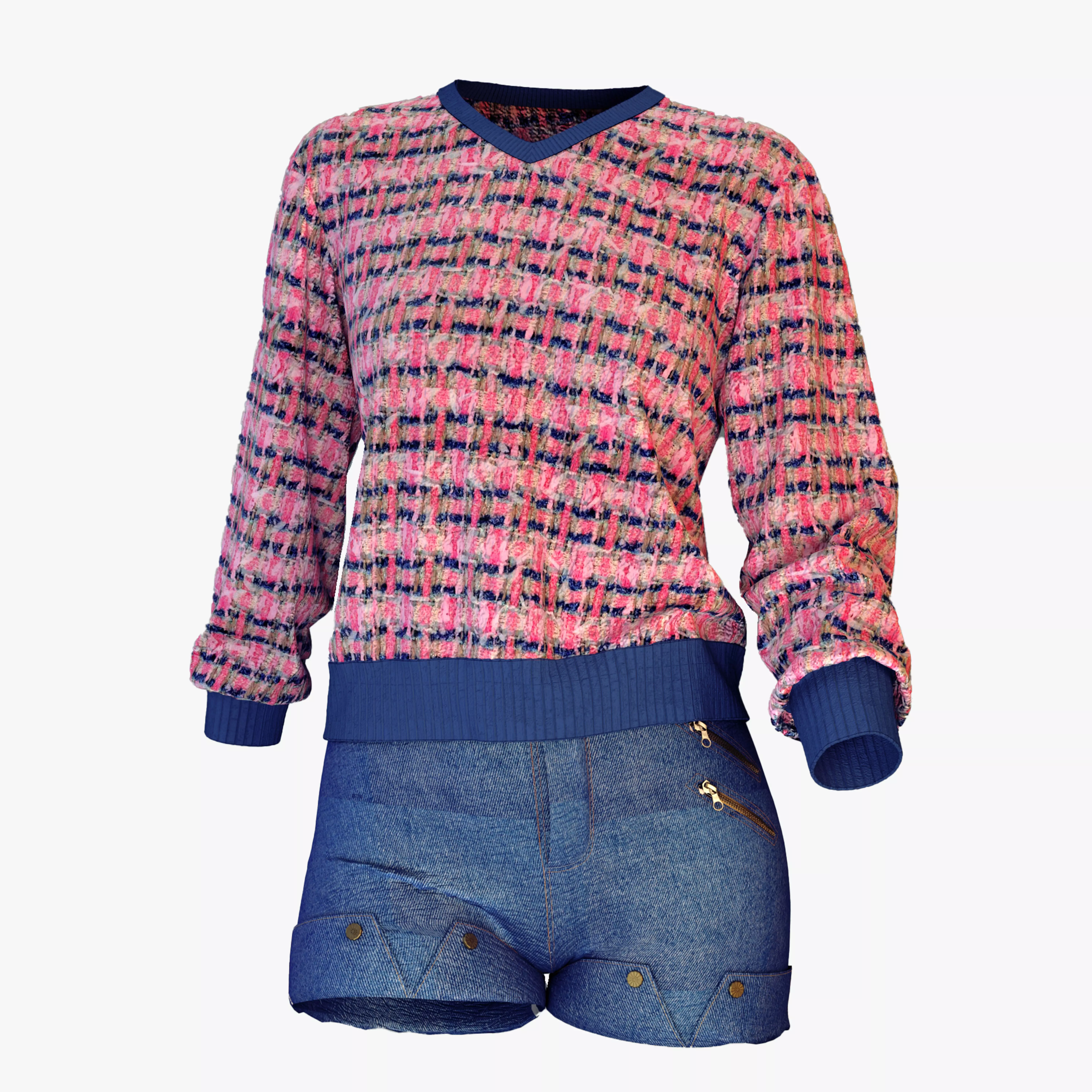 denim shorts and pullover - girls outfit 3D model_0