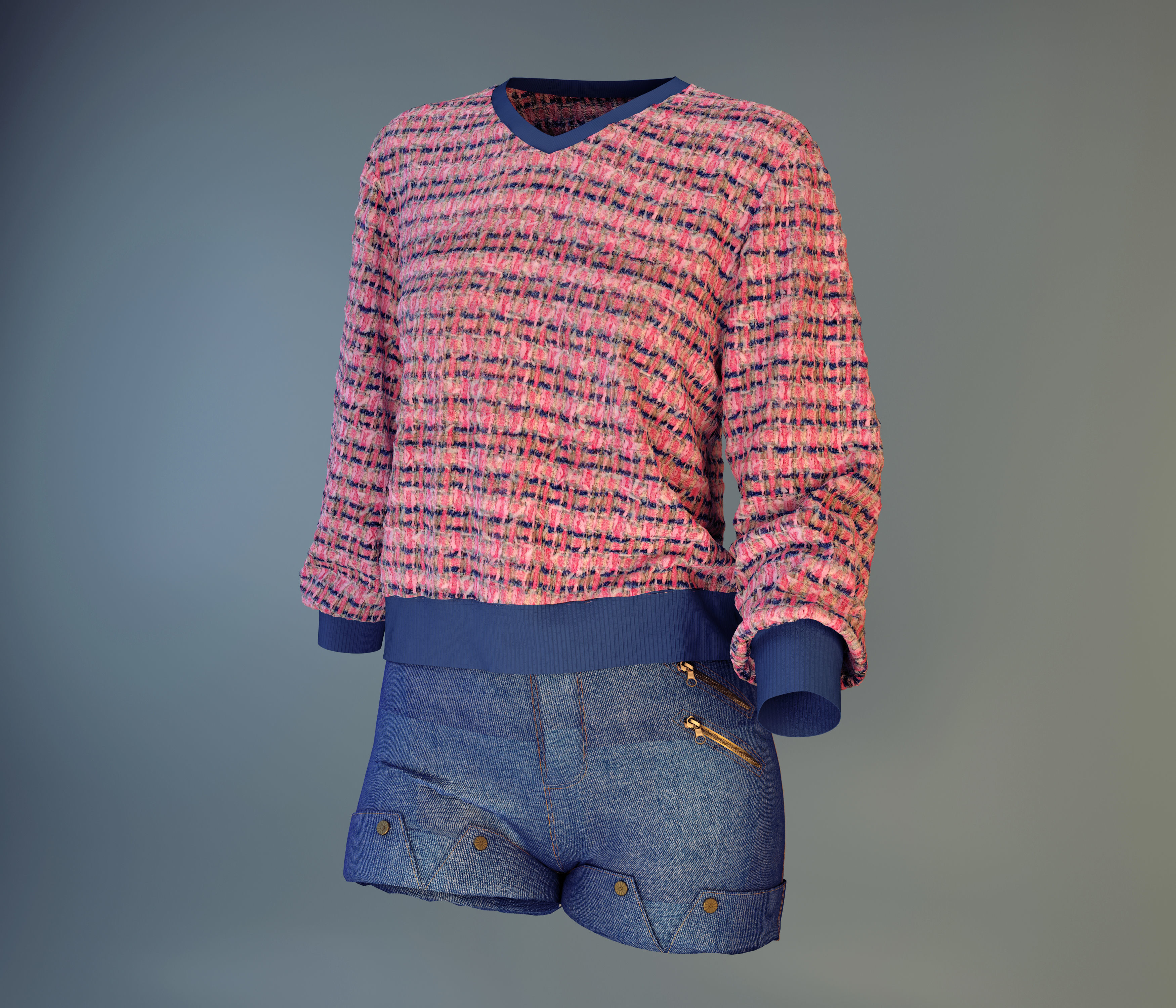 denim shorts and pullover - girls outfit 3D model_4