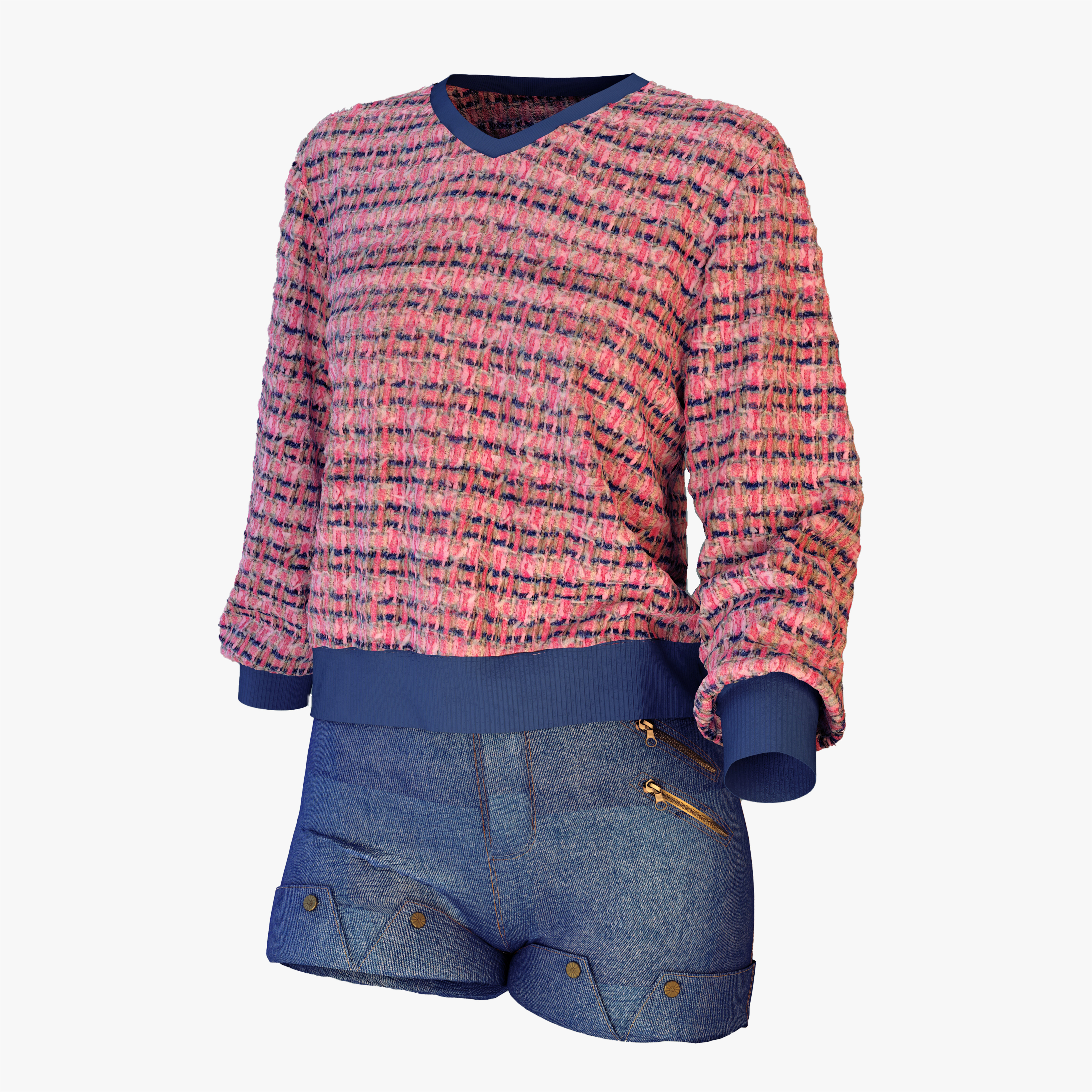 denim shorts and pullover - girls outfit 3D model_2