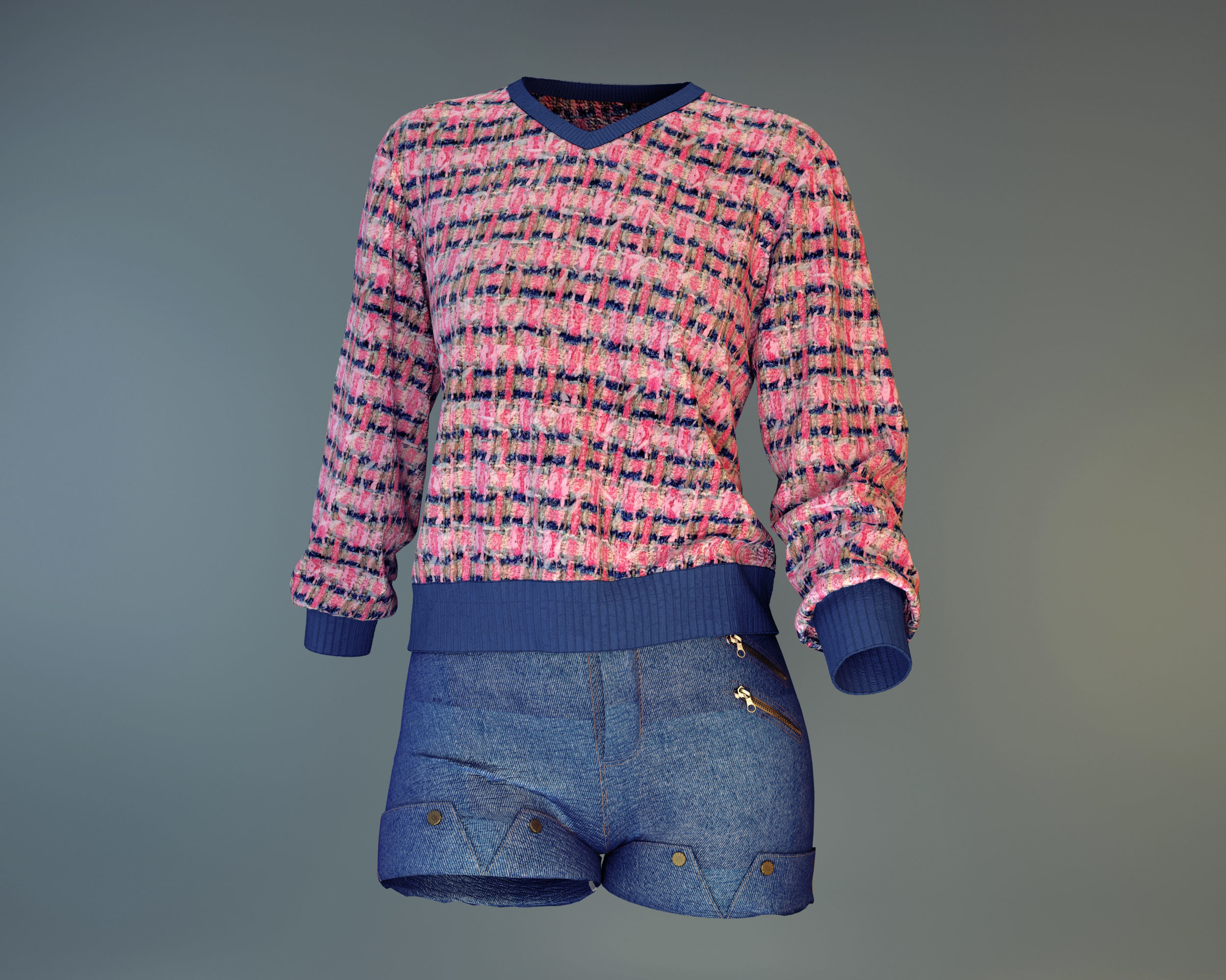 denim shorts and pullover - girls outfit 3D model_3