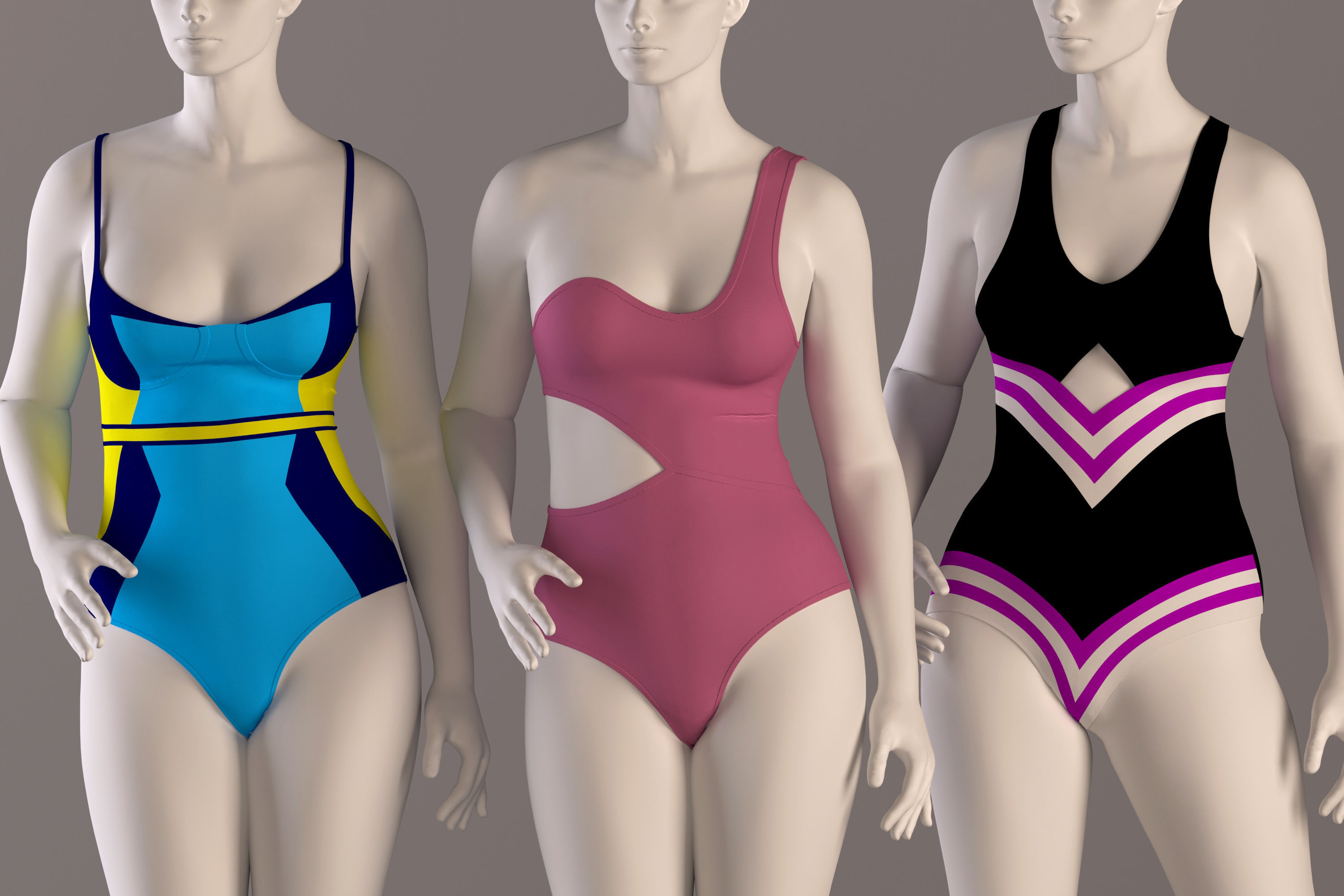 3 Women swimsuit - swimwear with textures 3D model_1