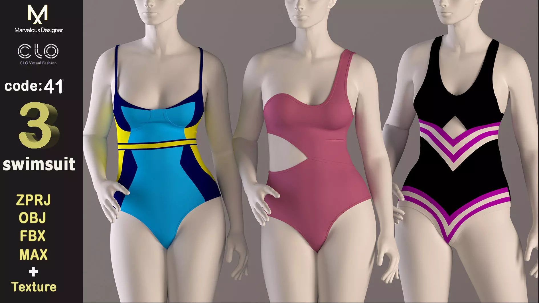 3 Women swimsuit - swimwear with textures 3D model_0
