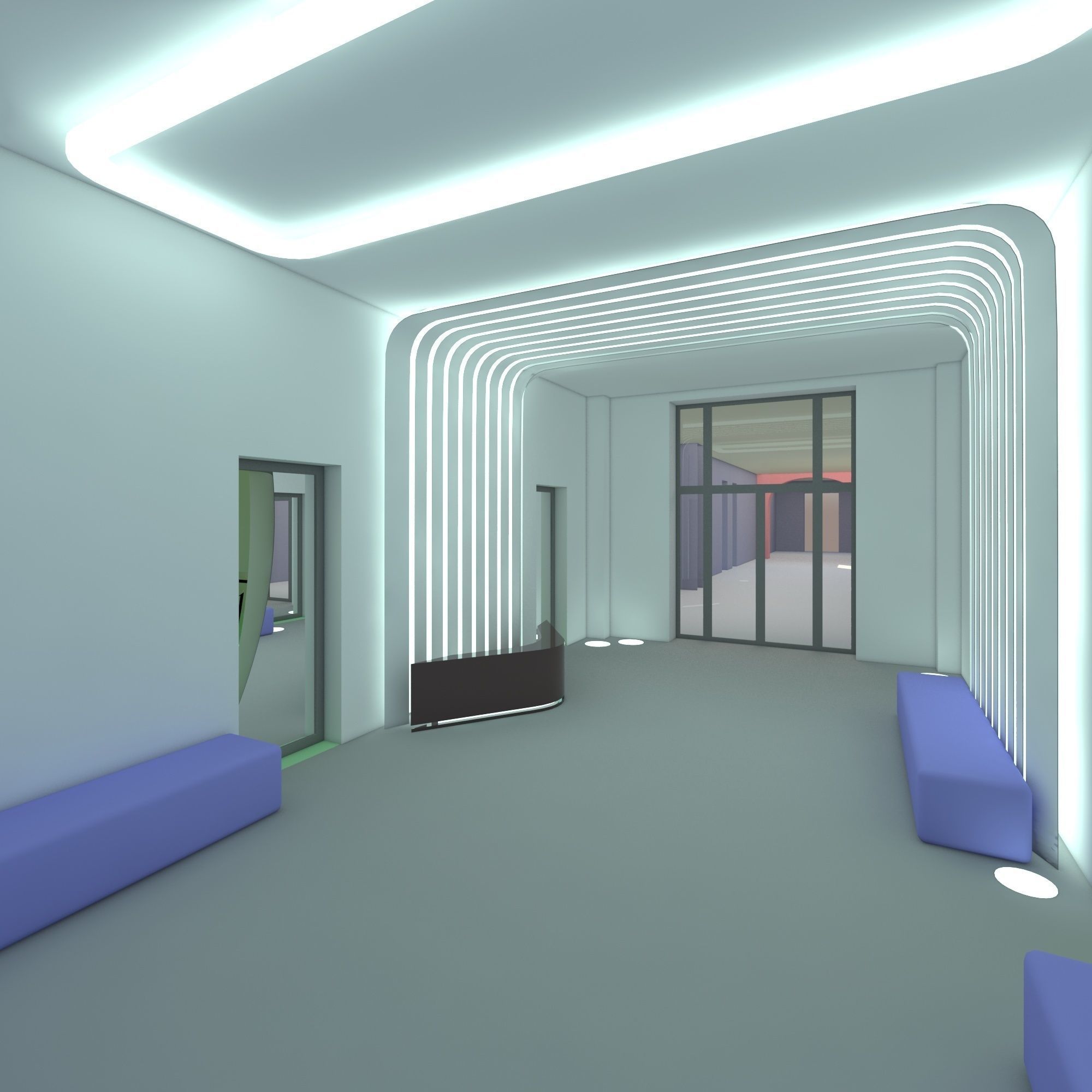 Reception lobby with benches and lighting 3D model_1