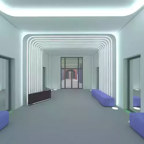 Reception lobby with benches and lighting