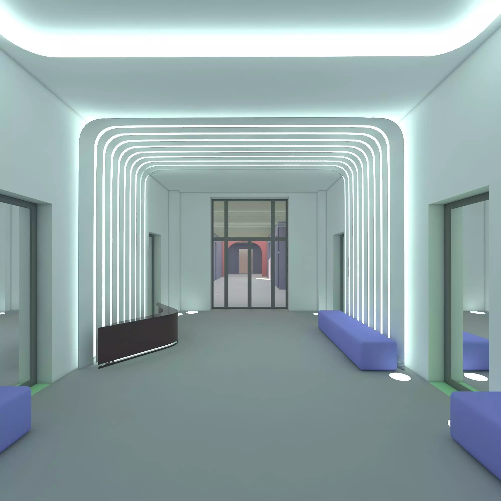 Reception lobby with benches and lighting 3D model_0