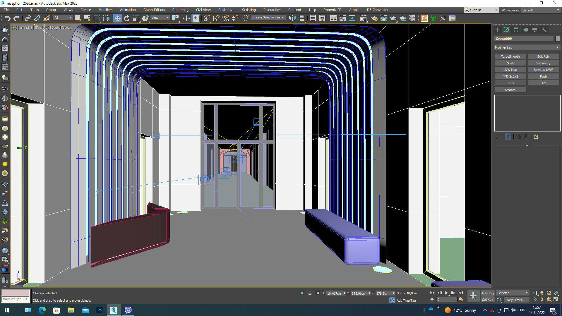 Reception lobby with benches and lighting 3D model_8