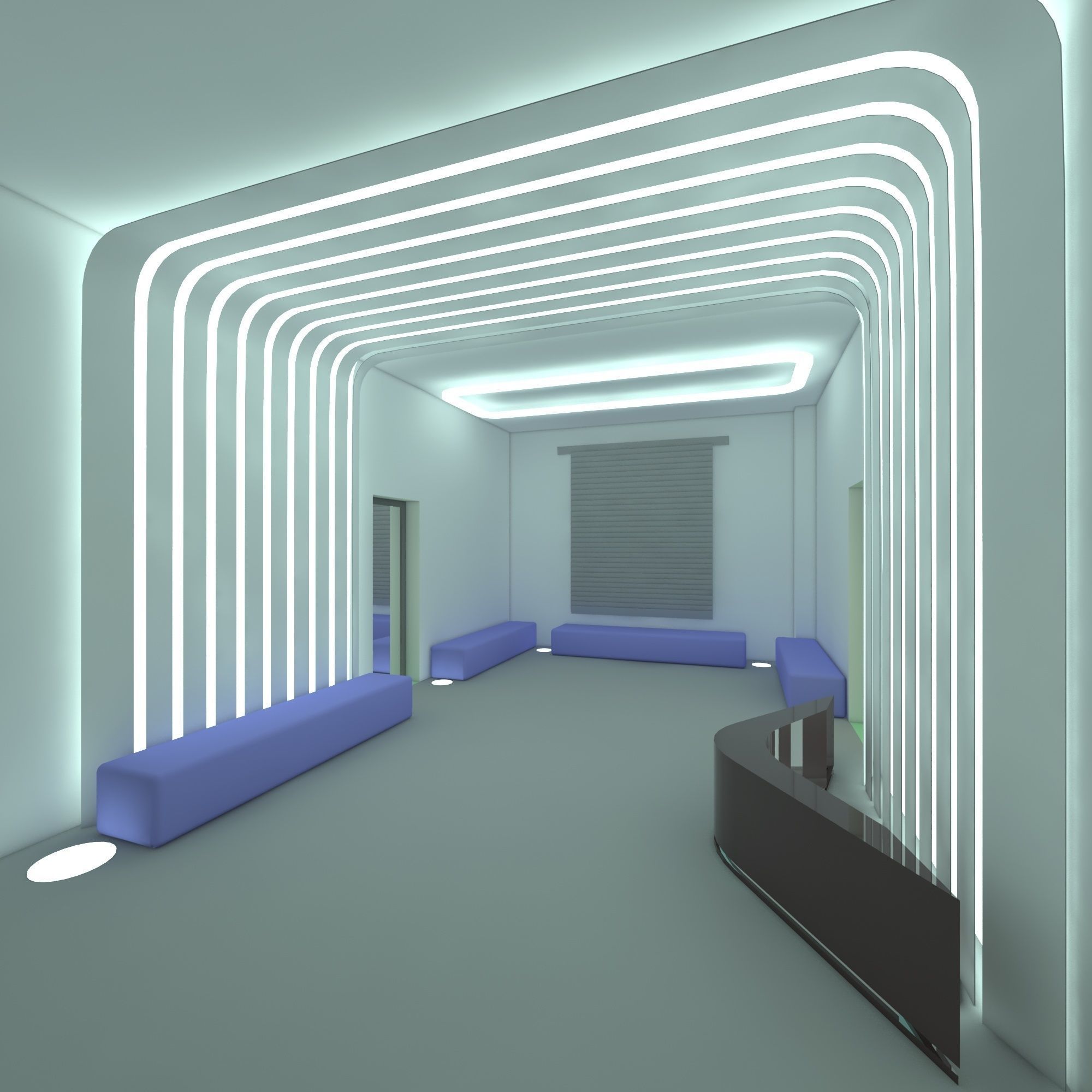 Reception lobby with benches and lighting 3D model_3