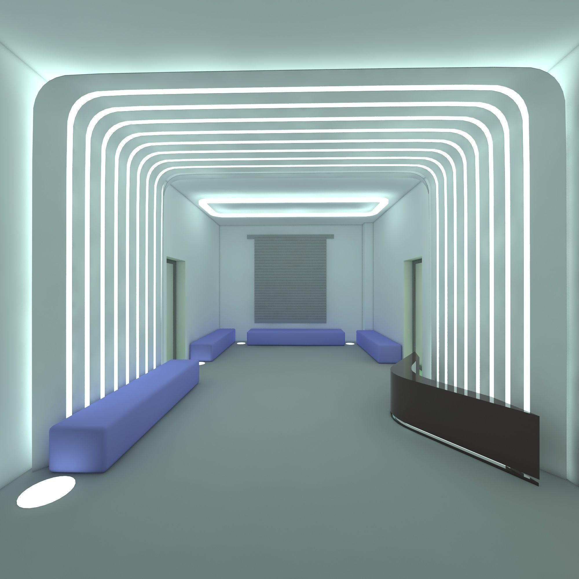 Reception lobby with benches and lighting 3D model_2