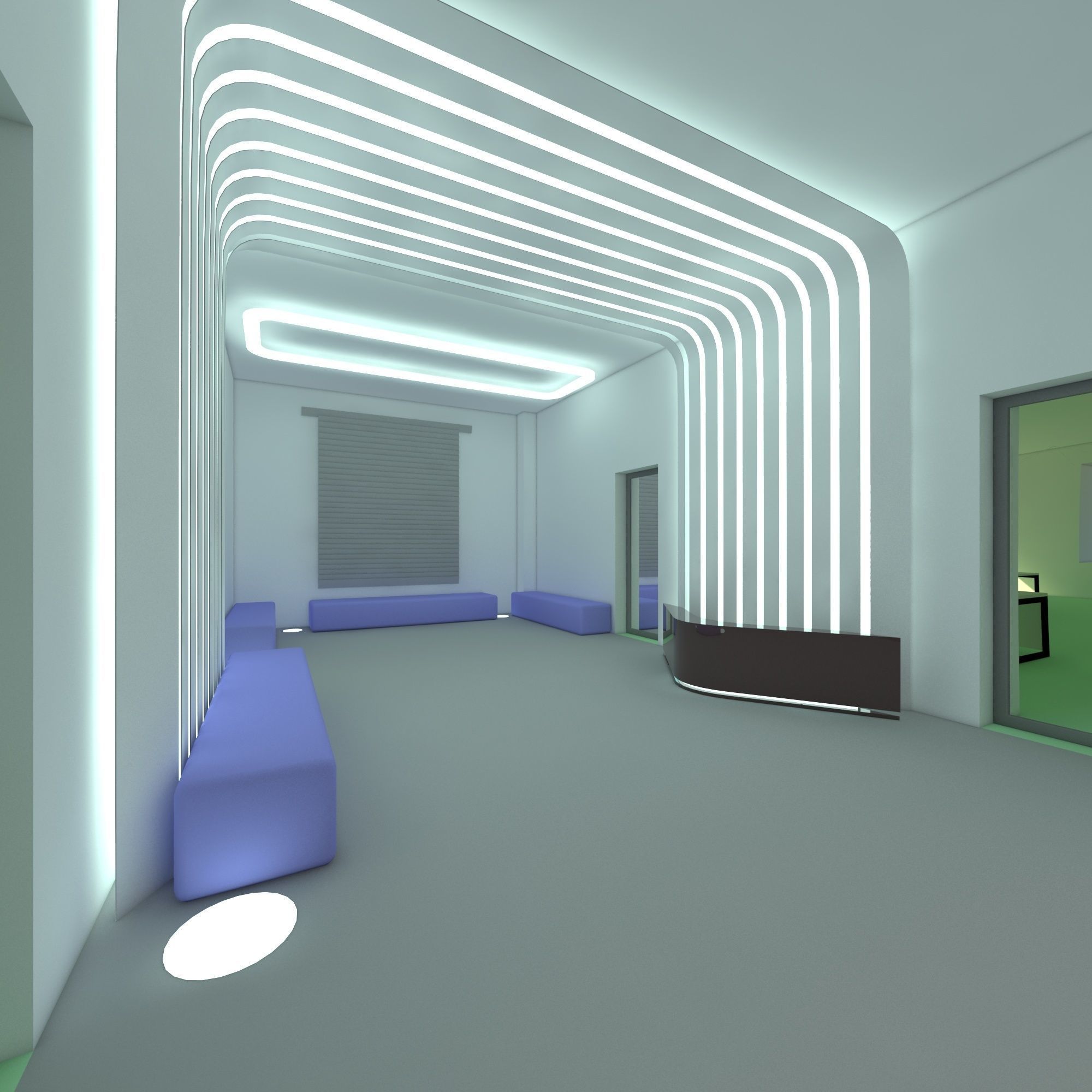 Reception lobby with benches and lighting 3D model_7