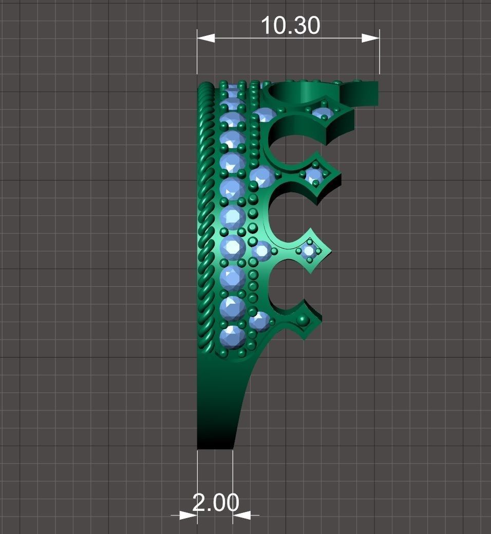 Designer crown ring with diamonds 3D print model_9
