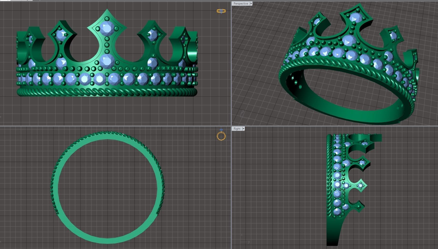 Designer crown ring with diamonds 3D print model_10