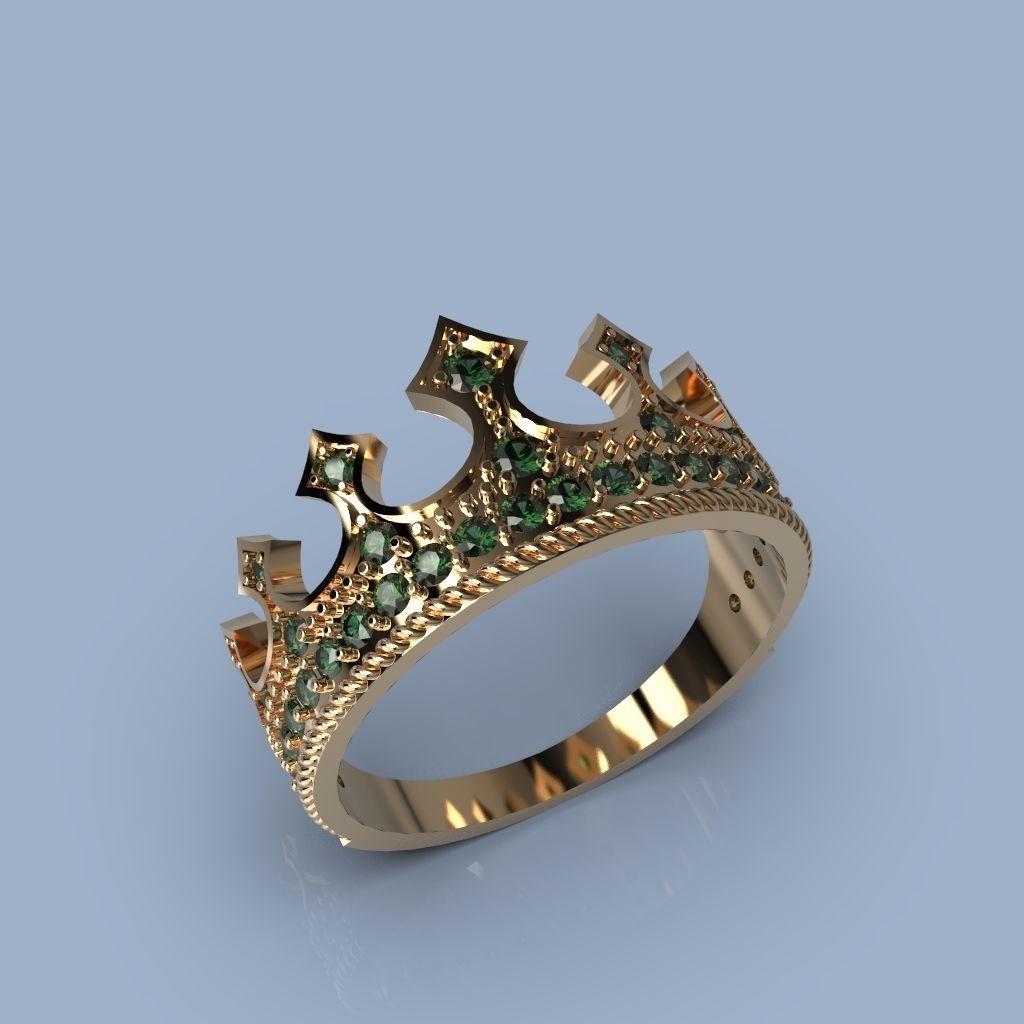 Designer crown ring with diamonds 3D print model_1