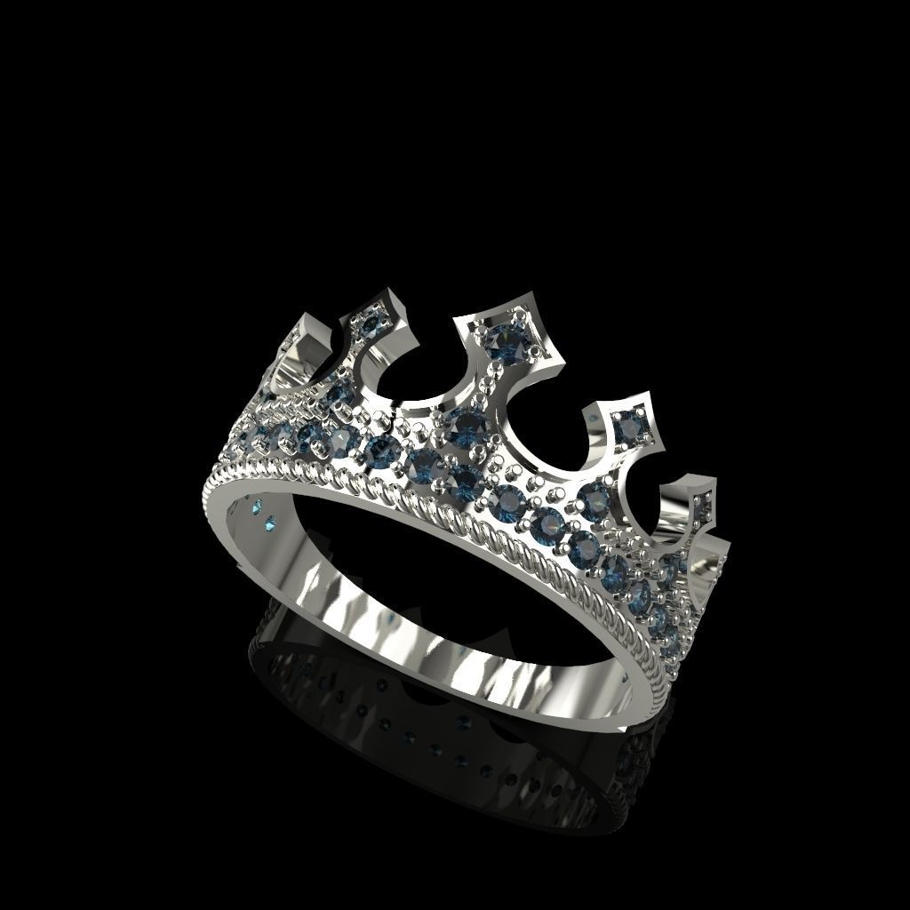 Designer crown ring with diamonds 3D print model_3