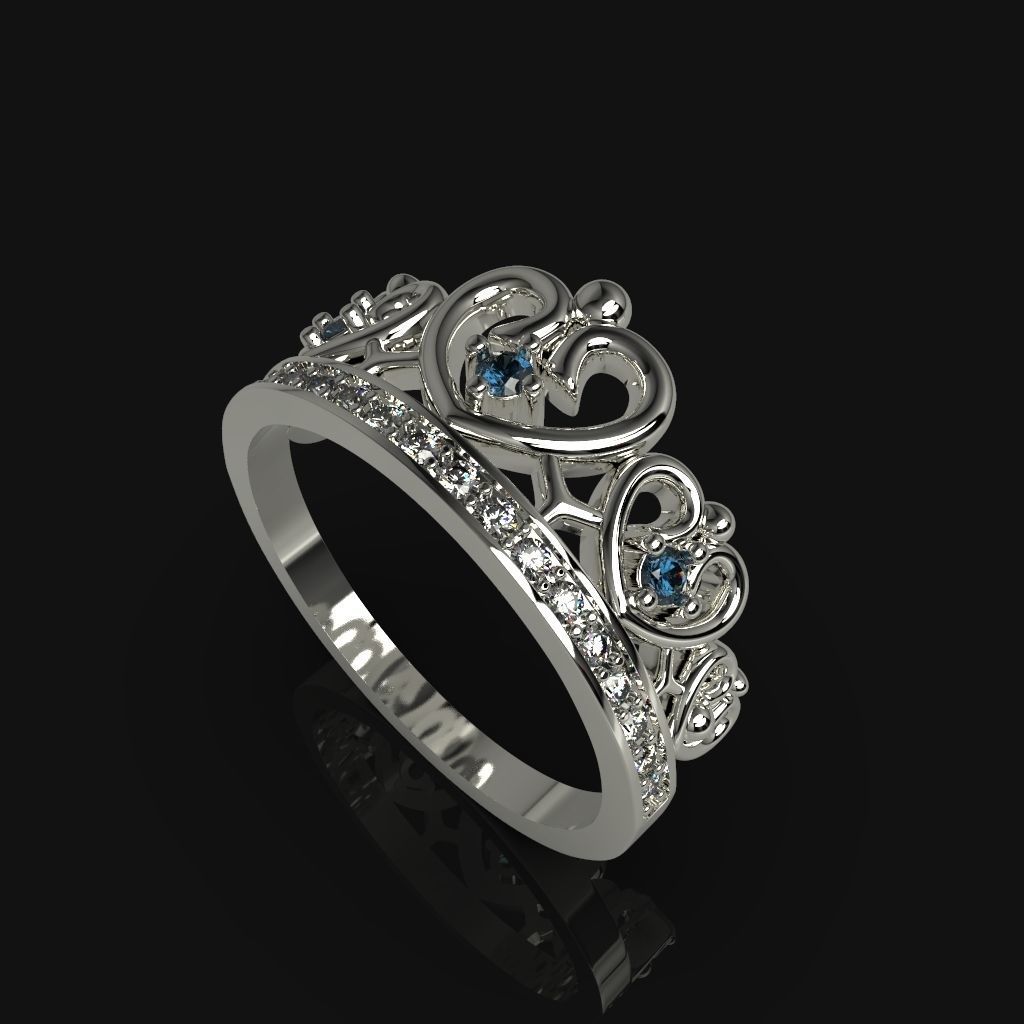 Designer crown ring with diamonds 3D print model_1