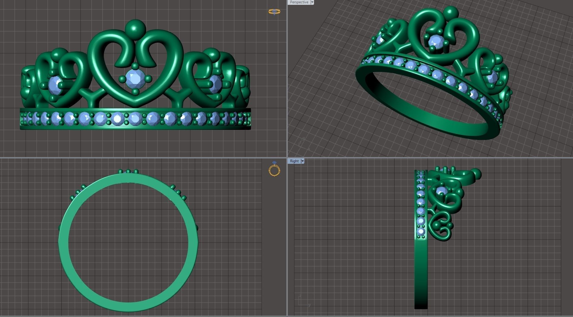 Designer crown ring with diamonds 3D print model_11