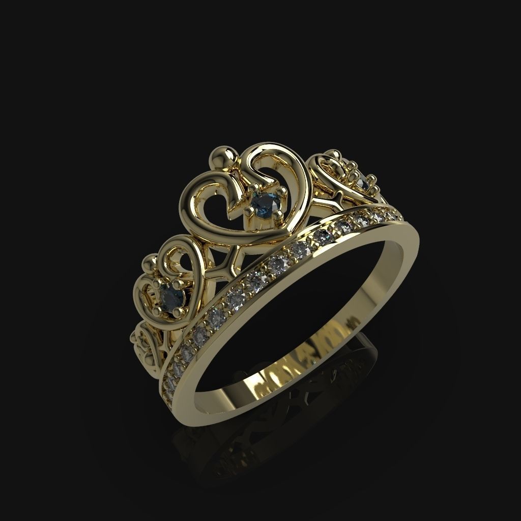 Designer crown ring with diamonds 3D print model_4
