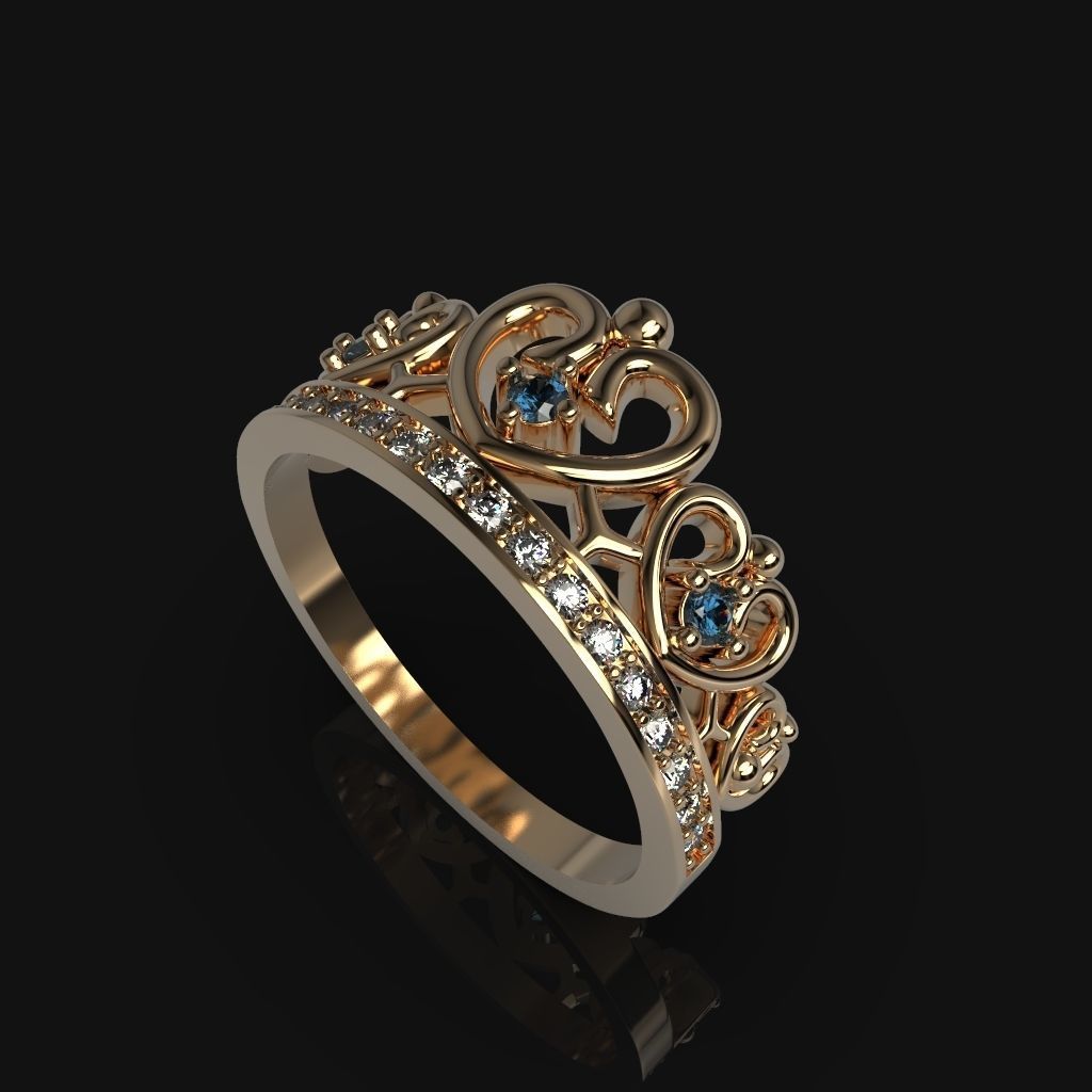 Designer crown ring with diamonds 3D print model_2
