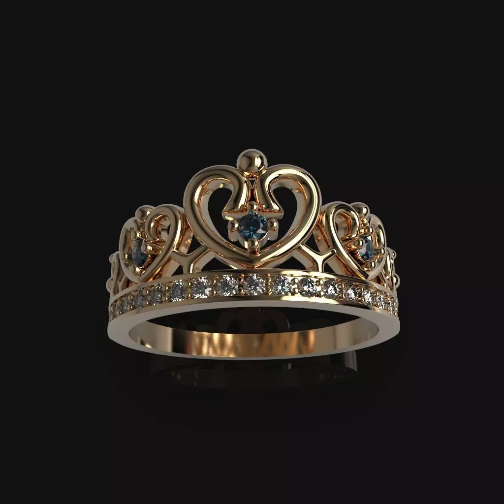 Designer crown ring with diamonds 3D print model_0