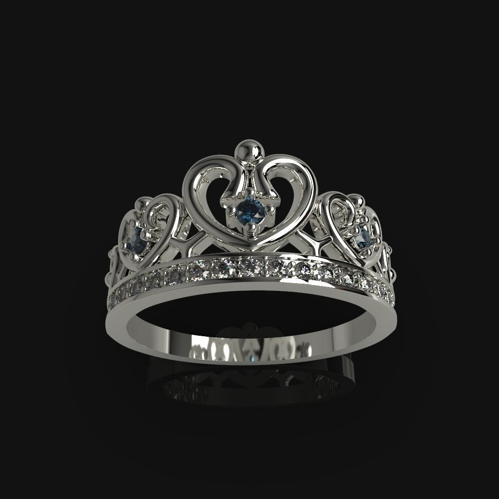 Designer crown ring with diamonds 3D print model_3