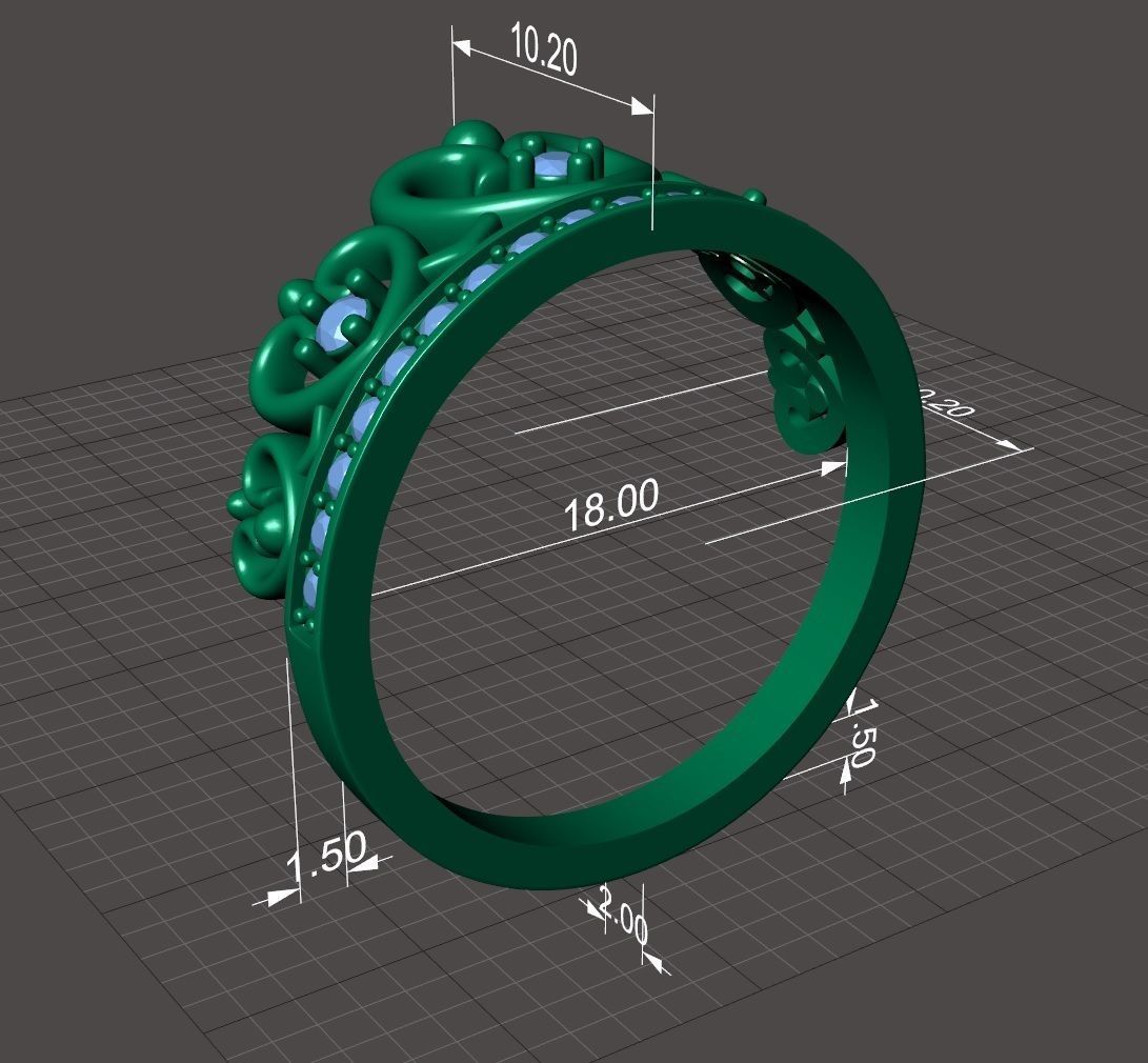 Designer crown ring with diamonds 3D print model_10