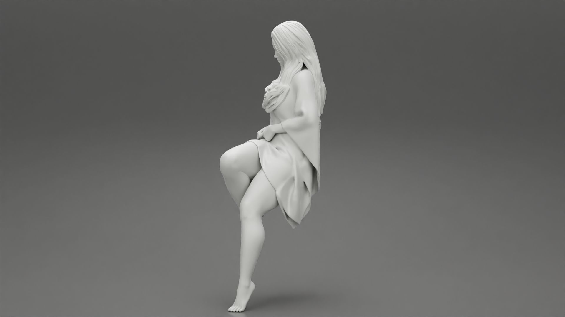 Young woman wearing kaftan sitting in chair with long hair 3D print model_10