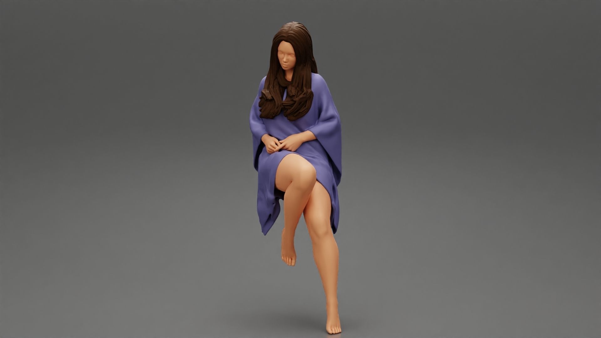 Young woman wearing kaftan sitting in chair with long hair 3D print model_5