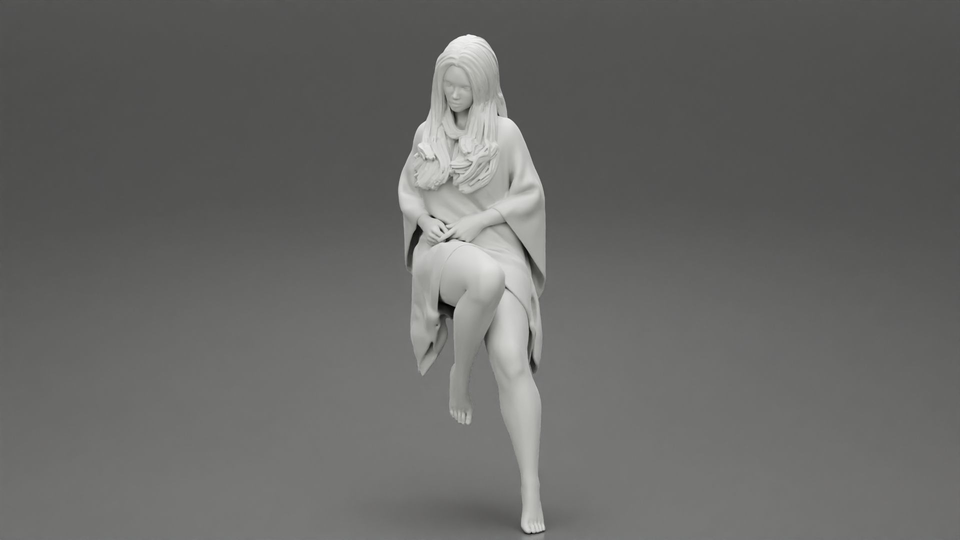 Young woman wearing kaftan sitting in chair with long hair 3D print model_11