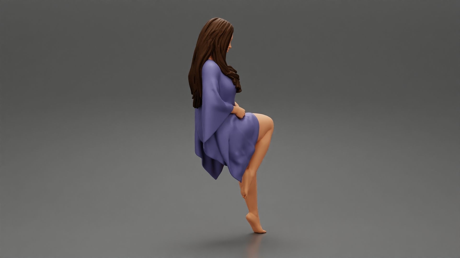 Young woman wearing kaftan sitting in chair with long hair 3D print model_1