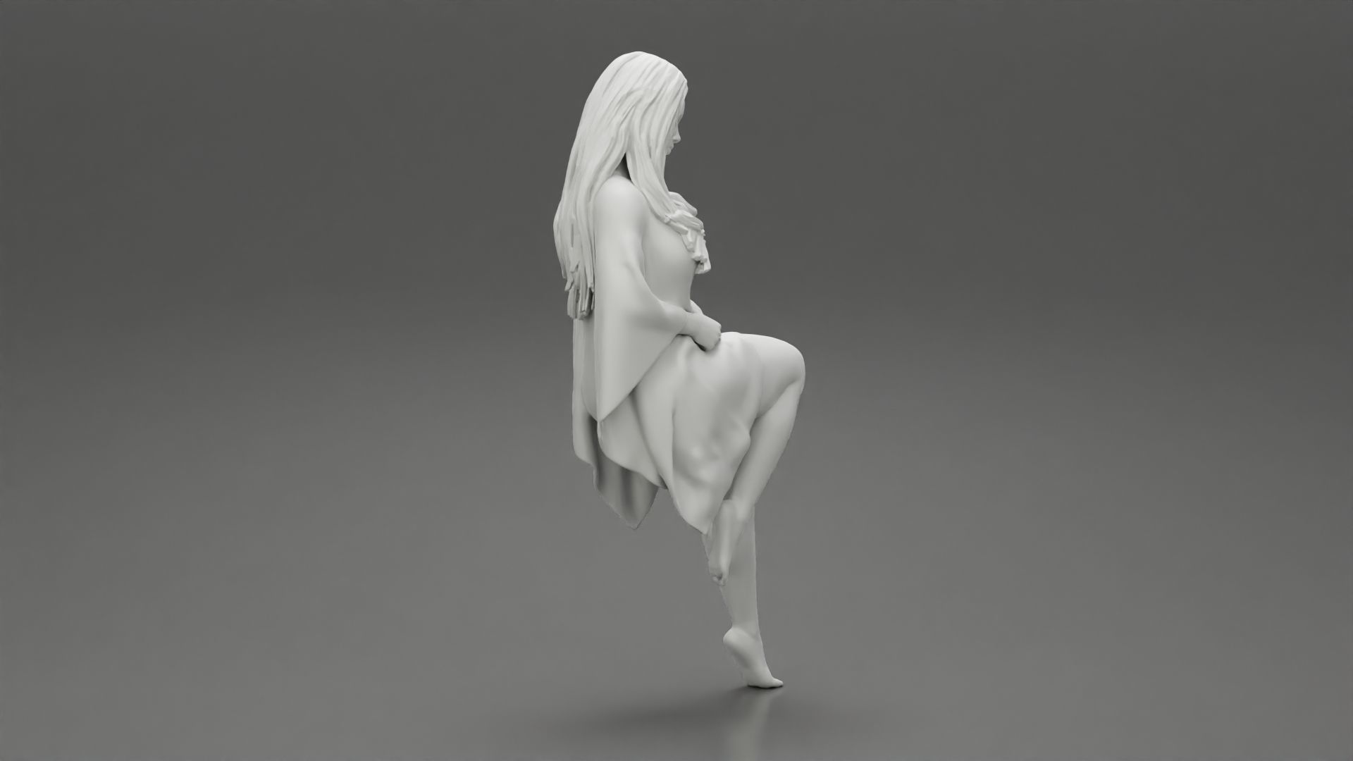 Young woman wearing kaftan sitting in chair with long hair 3D print model_7