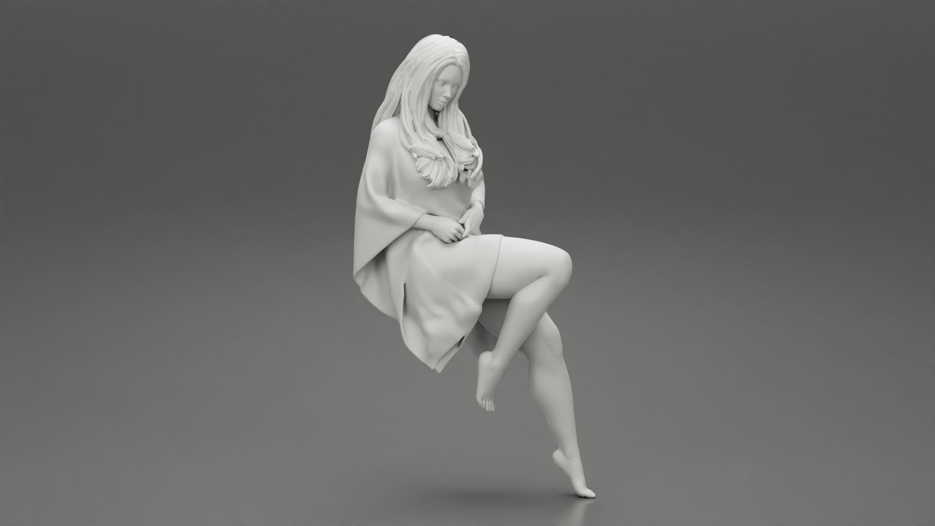 Young woman wearing kaftan sitting in chair with long hair 3D print model_6