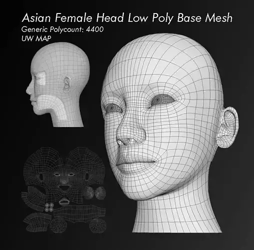 ASIAN HEAD WOMAN LOW POLY BASE MESH