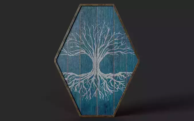 Slavic diamond-shaped shield painted blue with trees symbol Low-poly 3D model
