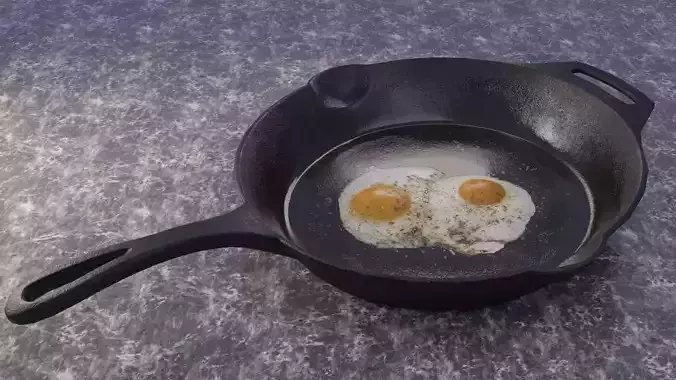 Cast iron frying pan with eggs Low-poly 3D model